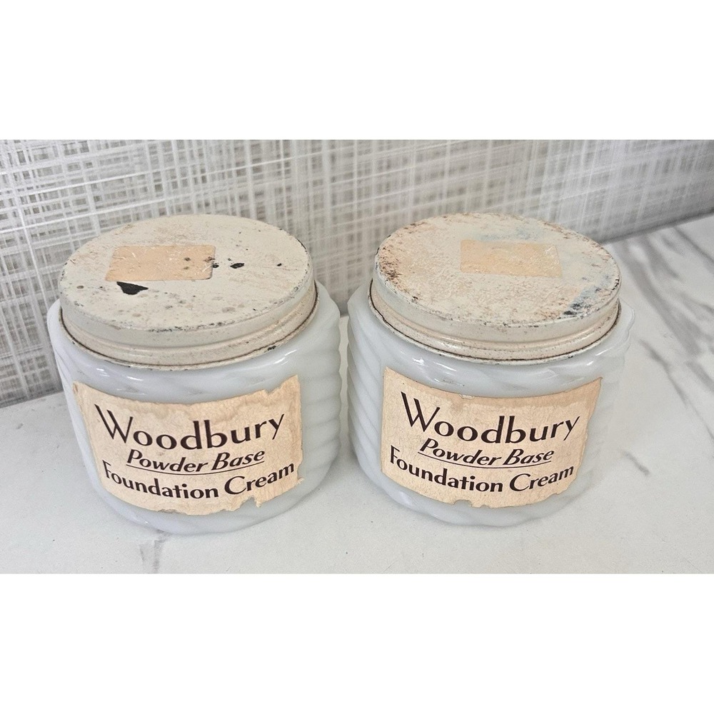 Vintage Woodbury Powder Base Foundation‎ Cream Jar Milk Glass Art Deco Lot of 2